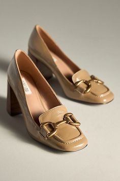 Leather upper, insole Rubber sole Slip-on styling Imported | Zagreb Wood Stacked Heels by Bibi Lou in Beige, Women's, Size: 36, Leather/Rubber at Anthropologie Gold Pumps, Blue Pumps, Ballet Pumps, Purple Leather, Zagreb, Heeled Loafers, 50 Fashion, Black Pumps, Stacked Heel