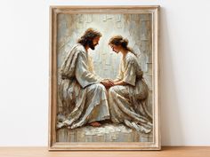 a painting of jesus and mary sitting on a stone bench in front of a white wall