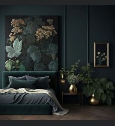 a bedroom with dark green walls and plants