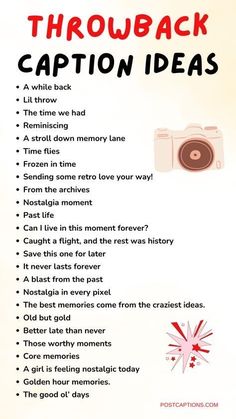 a poster with the words throw back caption ideas on it and an image of a camera