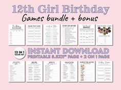 the birthday games bundle is shown with instructions and printables for each child's age