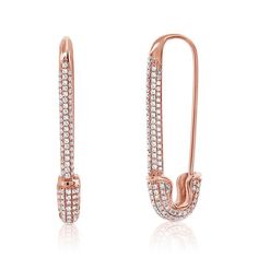 Solid 14K Gold Earring Available in Rose, White and Yellow Gold .61 cts diamonds 31 millimeters in length Sold Individually Single Rose Gold Diamond Earring, Rose Gold Pave Diamond Earrings In Sterling Silver, Rose Gold Sterling Silver Diamond Earrings With Pave Setting, Rose Gold Diamond Earrings With Cubic Zirconia, Single Luxury Rose Gold Diamond Earring, Luxury Rose Gold Single Diamond Earring, Safety Pin Earring, Safety Pin Earrings, Earrings Ear