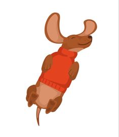 a brown dog wearing a red sweater jumping in the air