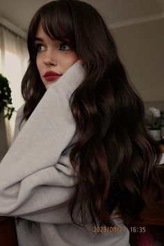 Long Dark Brown Hair Curtain Bangs, Long Brown Hair And Bangs, Woman With Long Brown Hair, Dark Academia Long Hair, Dark Brown With Curtain Bangs, Long Dark Hairstyles Brunettes, Long Chocolate Brown Hair With Bangs, Brunette Long Layered Hair, Bangs Reference Photo