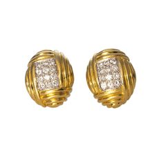 Estate Diamond 14K Yellow Gold Clip On Earrings Circle Monogram, Gold Clips, Jewel Box, Hand Engraving, Antique Collection, Pave Diamonds, Clip On, Clip On Earrings, Two Tone