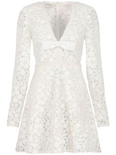 cream white guipure lace V-neck bow detailing long sleeves concealed rear zip fastening two side inset pockets flared straight hem thigh-length Giambattista Valli Haute Couture, Macrame Lace, Macrame Dress, Giambattista Valli, Women's Wardrobe, Lace Mini Dress, Cotton Lace, Dream Wardrobe, Moda Operandi