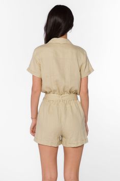 If you’re looking for the perfect casual spring/summer romper, the Rosalie pull-on romper is a great choice. Let the cuffed sleeves, collared v-neckline, and natural linen texture embody the effortless California vibes of all the warm weather headed your way! Material: 100% Linen Machine wash cold, tumble dry low Colors: Natural Model is 5'9" and wearing a size S Imported Beige Linen Casual Jumpsuits And Rompers, Chic Linen Jumpsuits And Rompers With Short Sleeves, Spring Linen Jumpsuit With V-neck, Linen V-neck Jumpsuits And Rompers For Spring, Spring Linen V-neck Jumpsuit, Casual Linen Jumpsuits And Rompers For Day Out, Collared Jumpsuits And Rompers For Summer Vacation, Spring Beach Collared Jumpsuits And Rompers, Spring Beach Jumpsuits And Rompers With Collar