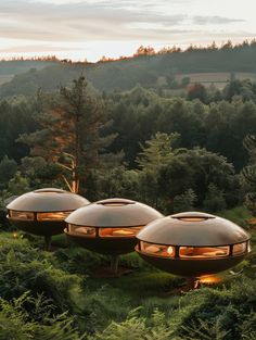 three round houses in the middle of a forest with trees and bushes around them at sunset