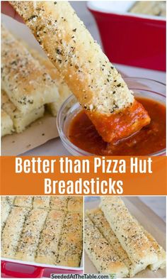 bread sticks being dipped with cheese and marinara sauce to make pizza hut breadsticks