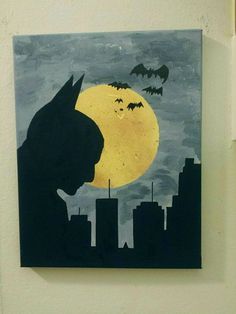 a painting of a cat with bats flying over the city at night, on a white wall