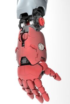 a red robot is flying through the air with his hand extended to it's side