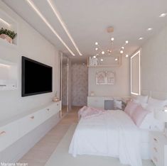 a bedroom with white walls and flooring has a tv on the wall above the bed