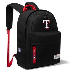 MLB OFFICIAL BASEBALL BACKPACK Light weight backpack , suitable for sports events, school, travelling and daily use. Made of waterproof polyester, this backpack has: Embroidered Texas Rangers logo Exterior front zipper pocket 2 main zippered compartments 2 side pockets Top carry handle (3.5") Front main compartment with organizer pockets Padded laptop compartment Quality construction, fully padded back panel and shoulder straps for cushioned comfort 14"" x 6" x 18" Sporty Backpack For Sports Events, Sporty Standard Backpack For College, College Backpack With Zipper Closure, College Backpack With Standard Shape, Sporty Backpack For College, Back To School, Black Backpack For Sports Events, Sporty Backpack For College And Back To School, Functional College Backpack For Back To School, Sporty Backpack For Back To School And Sports Events