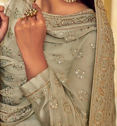 Dusty Sage Green Designer Embroidered Silk Wedding Sharara Suit-Saira's Boutique Sage Green Indian Suit, Indian Wedding Outfits Green, Gold Indian Outfit, Green Indian Suit, Sage Green Saree, Green Pakistani Dress, Green Pakistani Suit, Wedding Sharara Suit, Green Suit Women