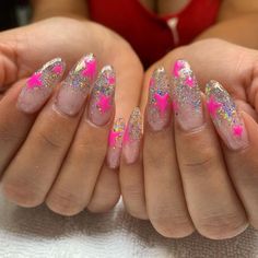 Pink Festival Nails, Pink Stars Nails, Disco Nails Designs, Pink Star Nails, Disco Nails, Kylie Nails, Star Nail Designs, Nice Nails, Star Nails