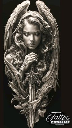 Angel Girl Tattoo, Vampire Tattoo Designs, Dark Angel Tattoo, Angel Warrior Tattoo, Angel Sculpture Art, Barcode Tattoo, Archangel Tattoo, Heaven Tattoos, Christ Tattoo