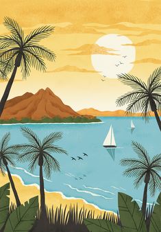 an image of a beach scene with palm trees and sailboats on the water at sunset