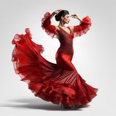 a woman in a red dress is dancing