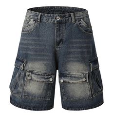 Vintage Multi Pockets Denim Cargo Shorts: high-quality cotton, solid pattern, loose fit, mid-waist, knee-length, zipper fly, practical pockets, unique patchwork. Stylish and functional. Medium Wash Patchwork Bottoms For Streetwear, Patchwork Medium Wash Bottoms For Streetwear, Retro Baggy Cotton Cargo Jeans, 90s Style Summer Cotton Cargo Jeans, Vintage Cotton Cargo Jeans With Multiple Pockets, Blue Patchwork Cotton Cargo Jeans, Denim Bottoms With Patches For Streetwear, Vintage Blue Cargo Jeans With Pockets, Summer Streetwear Washed Cargo Jeans