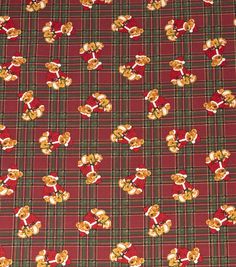 a red plaid fabric with teddy bears on it