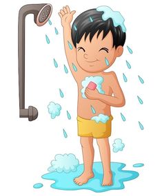 a young boy is washing his hands in the shower