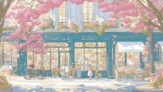 a painting of people standing in front of a store with pink flowers on the trees