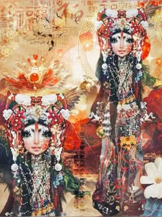 an artistic painting with two women dressed in ethnic garb and jewelry, surrounded by flowers