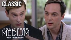 two men are talking to each other in front of the hollywood medium logo with tyler henry