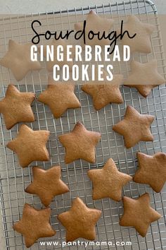 homemade gingerbread cookies on a cooling rack with the words sourdough gingerbread cookies