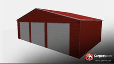 an image of a red garage with two doors on the front and one door open