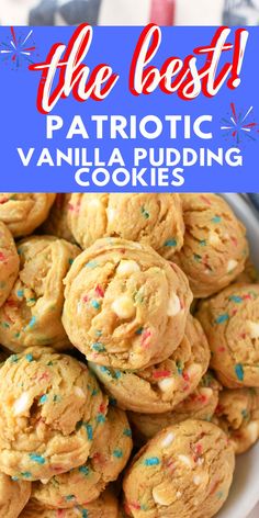 the best patriotic vanilla pudding cookies with sprinkles on top and text overlay