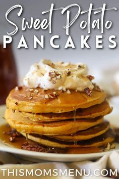 sweet potato pancakes with whipped cream and pecans on top are the perfect breakfast or brunch