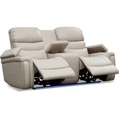 a white leather reclining sofa with two seats on the back and one arm facing forward