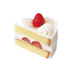 a piece of cake with white frosting and strawberries on top