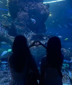 two girls looking at fish in an aquarium