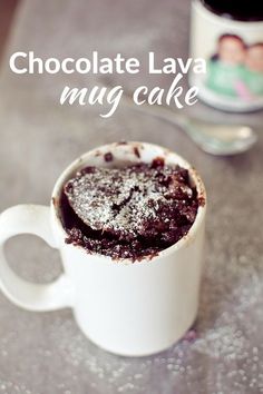 chocolate lava mug cake in a white cup