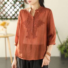 8 Red Embroidered Shirt For Spring, Long Sleeve Tops With Tonal Embroidery For Summer, Summer Long Sleeve Tops With Tonal Embroidery, Fall Blouse With Tonal Embroidery, Linen Pattern, Blouse Material, Autumn Style, Linen Blouse, Red Blouses