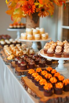 an assortment of desserts and pastries on a table with flowers in the background