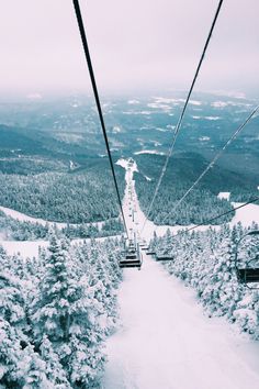 a ski lift going up the side of a snow covered mountain with trees on both sides