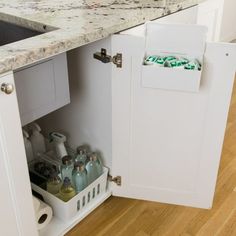 an open cabinet in a kitchen with soap and lotion on the bottom shelf next to the sink