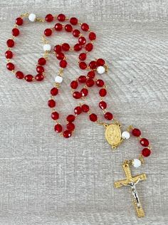 Handcrafted Catholic Prayer Rosary. Red and White Glass Czech Beads With Gold and Silver Crucifix. - Etsy Red Rosary Beads For Jewelry Making, Handmade Red Rosary With Cross, White Cross Rosary For Jewelry Making, Handmade Red Cross Rosary, Red Crucifix Rosary As Gift, Handmade Red Rosary, Spiritual Red Crucifix Rosary, Catholic Dress, Crystal Rosary