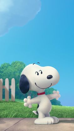 a cartoon dog standing on top of a cement ground next to a green grass covered field