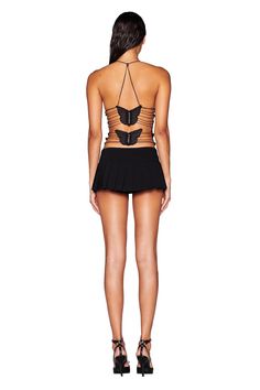 Details Best-selling Ellery style in an all new top style Black mesh top that skims the body and finishes in a straight hem Halter neck style with an adjustable silver bead detail at back neck to tighten or loosen as needed V-neckline with triangle bust cups Gathered detail along the bottom of the bust cups Exposed open back with multiple strapping detail Featuring two custom black butterfly details at back that connect with waist and back ties Partially lined. This style is slightly sheer We re