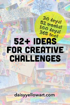 the words 52 + ideas for creative challenges on top of a pile of colorful cards