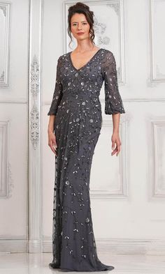 Marsoni by Colors MV1320 - Floral Sequin V-Neck Formal Gown Flower Sequins, Plastic Dress, Sheath Skirt, Exquisite Gowns, Chiffon Fashion, Dark Taupe, Sophisticated Dress, Beaded Applique, Formal Gown