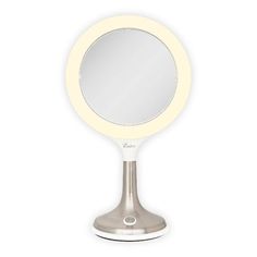 a white lighted mirror on top of a metal stand