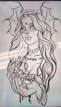 a drawing of a woman with long hair and piercings on her face is shown