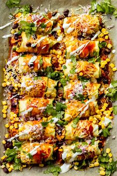 an overhead view of mexican enchiladas with corn and cilantro