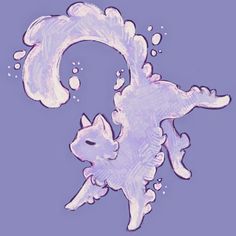 a drawing of a cat with bubbles in it's back legs and tail, on a purple background