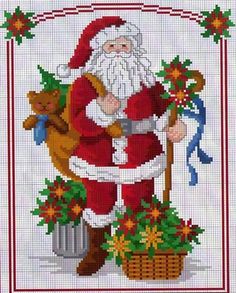 a cross stitch christmas card with santa holding a shovel